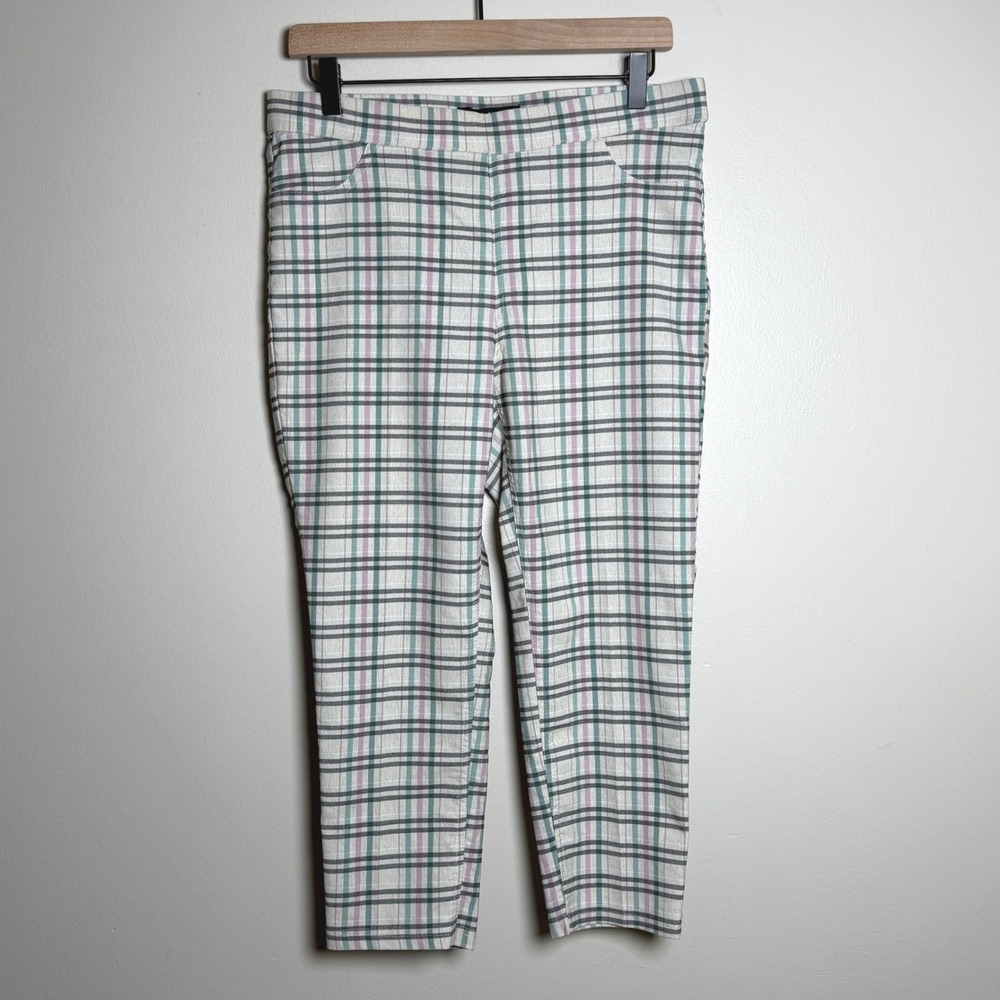 Zac & Rachel Womens Pants 12 White Plaid Pull On Stretch Faux Pockets Office